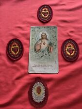 Ancient lot of relics Sacred Heart of Jesus: 4 pieces and holy card with litany picture