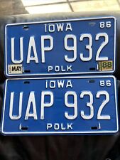 Pair 1986 Polk County Iowa License Plate Blue and White 1988 Sticker UAP932 UFO picture