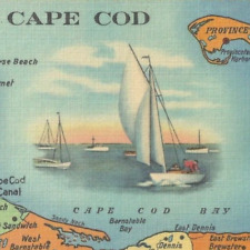Cape Cod MA 6x9 Multiview Beach White Fence Sailboat Linen Map  VTG 50s Postcard picture