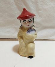 Vtg Japan Made Red Hat Yellow Dress Golden Handheld Fan Ceramic Lady Figurine picture