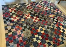 Vintage Antique Patchwork Quilt Top, Early 1900’s, Nine Patch, Calicos, Blue picture