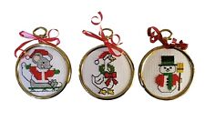 Vtg Needlepoint Cross Stitch Christmas Ornaments Lot Of 3 Plastic Framed Snowman picture