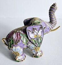 VTG Chinese Cloisonné Enamel Purple Gold Flowering Elephant Figurine Trunk Up picture