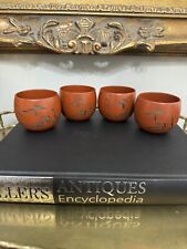 Set Of 4 Vintage Japanese Handmade Red Clay Debossed Pottery Tea Cups Saki Cups picture