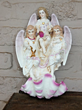 Vintage 70s porcelain large holy water font angels religious picture
