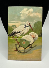 Antique 1907 Embossed Victorian Stork Baby Postcard 1 Cent Ben franklin stamp picture