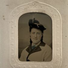 Antique Tintype Photograph Young Woman Teen Hat Braided Pig Tails Baltimore MD picture