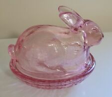Vintage LE SMITH Light Pink Glass Bunny Rabbit On Nest Trinket / Candy Dish picture