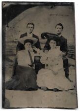 Tintype Photograph Two Couples Posing in Front of Beach Scene Painted Backdrop picture