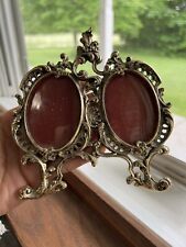Vintage Metal Gold Ornate Oval Double Picture Frame with Easel Leg Back picture