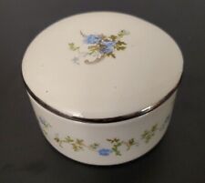 Vintage Small Porcelain Trinket Box with Lid Blue Floral Silver Trim 2.5