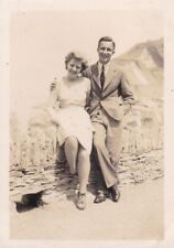 Vintage c1940s Snapshot Photo Couple At Beach Fashion Lady Man Stylish Seaside picture