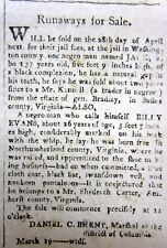 Rare 1806 Washington DC newspaper RUNAWAY SLAVE AD for SALE of UNCLAIMED NEGR0ES picture