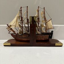 Vintage Pair (2) of Bookends 4 Mast Sailing Ship Boat front+rear Halves Wood picture