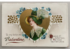 1912 To My Beloved Valentine postcard Lady with large feather hat gold gilt picture