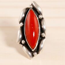 LARGE NATIVE AMERICAN STERLING POINTED OVAL OX BLOOD MEDITERRANEAN CORAL RING picture