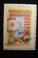 VTG 1950's NAUTICAL DIECUT BIRTHDAY CARD, SHIPWHEEL, SAILBOAT MCM GREETING CARD picture