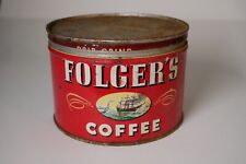 Vintage Folgers Coffee Tin Can 1 Lb Red Lid Sailing Ships Design picture