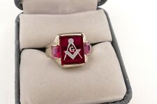 Vintage 14k White Gold Masonic Freemason Ring Red Stone with Carved Emblem 6.7g picture