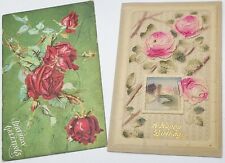 2 Antique Birthday Greetings Postcard Florals Roses Unmailed 1 Heavily Embossed picture