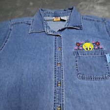 Vtg Looney Tunes Tweety Floral Embroidered Denim Size 2XL Button Up 18-20W Daisy picture