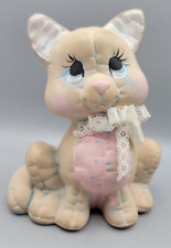 Vintage Pottery Hand Painted Signed Ceramic Cute Cat Kitten Figurine With Bow picture