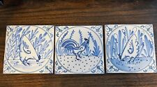 Folk Art Chicken Tiles 6 x 6 Ceramic Blue and White 3 Pieces VG Condition picture