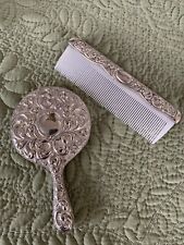 Vintage Girl’s Baby’s Antique Silver Plated Ornate Vanity Hand Mirror And Comb picture