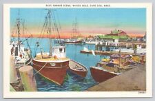 Busy Harbor Scene Woods Hole Cape Cod Massachusetts Postcard Fishing Boats Docks picture