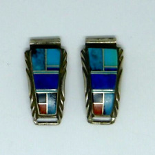 Vtg Navajo Sgnd Arlene Yazzie WATCHTIPS  Sterling w/ Inlay Turquoise Lapis Coral picture