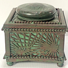Antique Tiffany Studios New York Bronze Pine Green Favrile Glass Pen Inkwell picture
