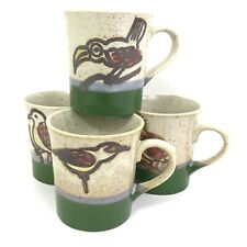 Vintage BIRD Speckled Stoneware Coffee Mug SET of 4 Green Bottom EUC picture