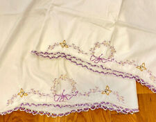 VTG Hand Embroidered Pillowcases Butterfly & Floral Wreath 29x21 Crocheted Edge picture