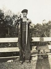Vintage 1940s Man Fishing Catches Eels Overalls Real Snapshot Photo picture