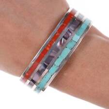Vintage Zuni Channel inlay Turquoise, coral, and shell silver bracelet picture