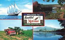 Postcard ME Vacationland Multiview Sailboat Covered Bridge Harvester Trucks picture