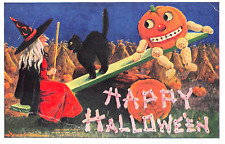 1908 sgd. Wall Witch Black Cat Jack O' Lantern Teeter Totter Halloween post card picture