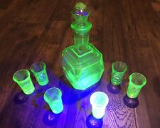 ANTIQUE URANIUM GLASS ~ DECANTER AND 6 SHOT GLASSES ~ Green Depression Glass picture