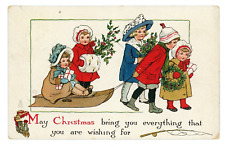 Tucks Antique Christmas Postcard c1914 Children Sled Gifts Wreath Holly picture
