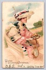 c1905 Pretty Woman Drives Car Merry Christmas P774 picture