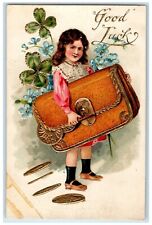 c1910's Good Luck Girl Holding Big Wallet Coins Clover Flowers Embossed Postcard picture
