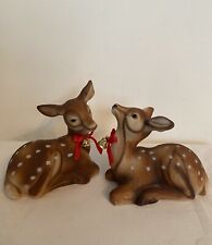Vintage Ceramic Baby Deer Resting Fawn Figurines Red Bows & Gold Bells Set Of 2 picture