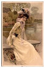 1911 Well Dressed Lady Sitting on a Bench Near a River, Illustration, Postcard picture