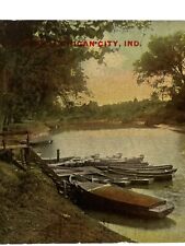 Antique 1912 Litho Ephemera Postcard Scene Near Michigan City, IN Boats In Water picture