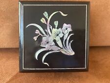 Vintage Mother of Pearl Inlay Black Lacquered Trinket Jewelry Treasure Box picture