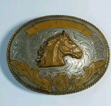 Vintage Western Rodeo Silver Horse Head Floral Belt Buckle Alpaca Mexico picture
