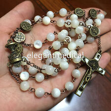  Vintage bronze st.benedict Cross Moonlight Mother-of-Pearl Bead ROSARY necklace picture
