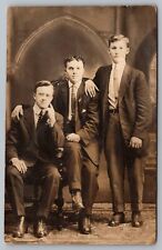 RPPC Three Handsome Young Men in Suits Studio Portrait Postcard picture
