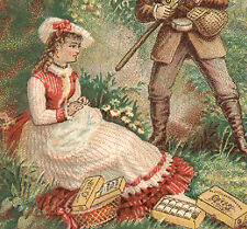 1880s J&P COATS THREAD TRADE CARD, MAN FISHING & LADY SEWING, A GREAT DATE  Z299 picture