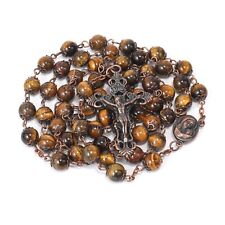 Tiger Eye Natural Stone Rosary Beads Necklace Holy Soil & Cross Crucifix picture